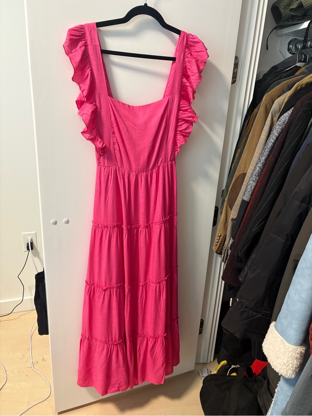 NWT Fuchsia Ruffle Sleeve Tiered Maxi Dress